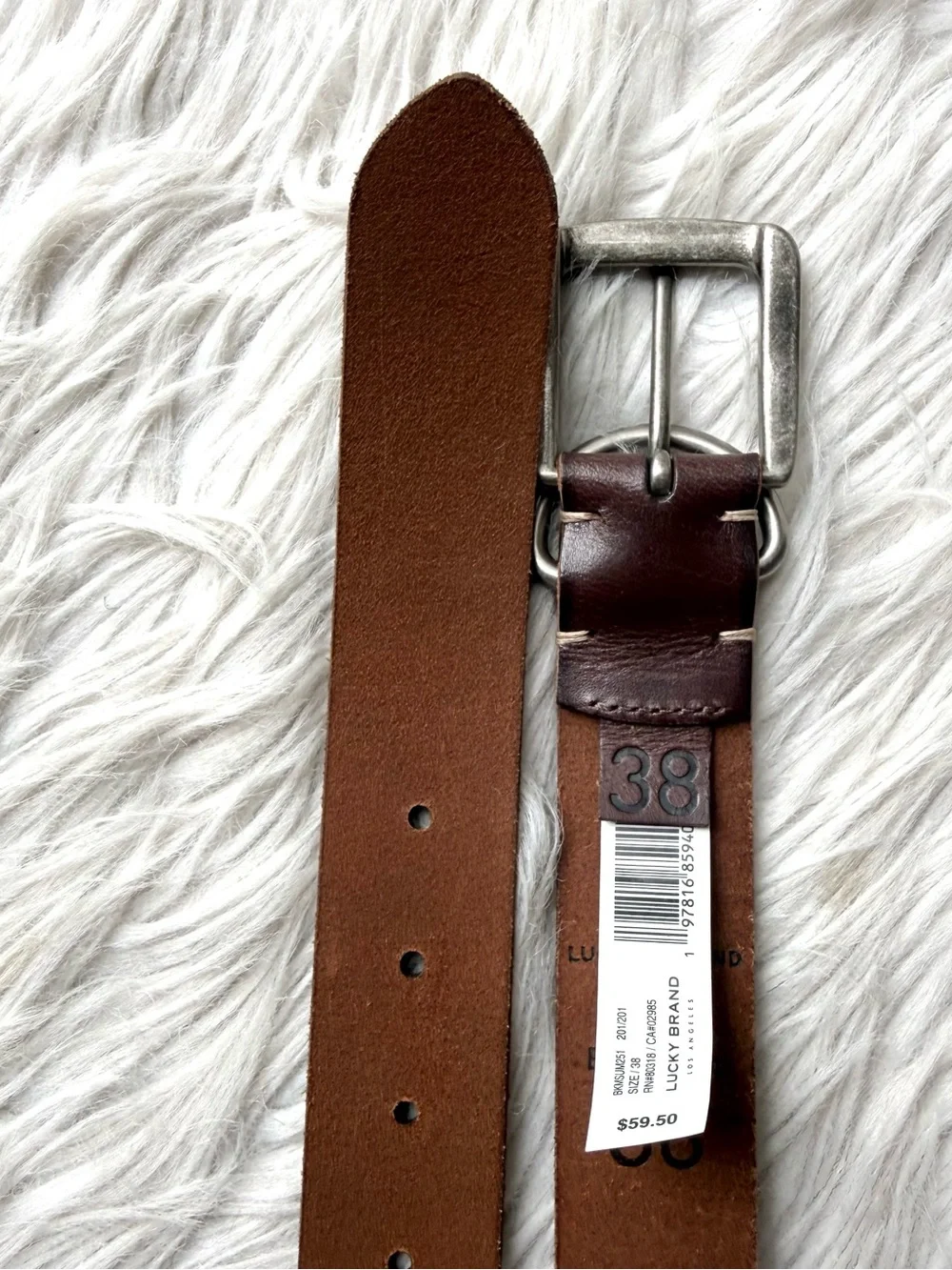 Lucky Brand Brown Leather D-Ring Belt Size 38 Western Cowboy Silver Tone NWT